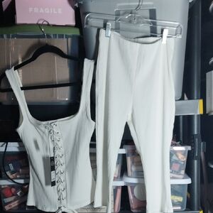 Fashion Nova White Lace-Up Top and Pants Set